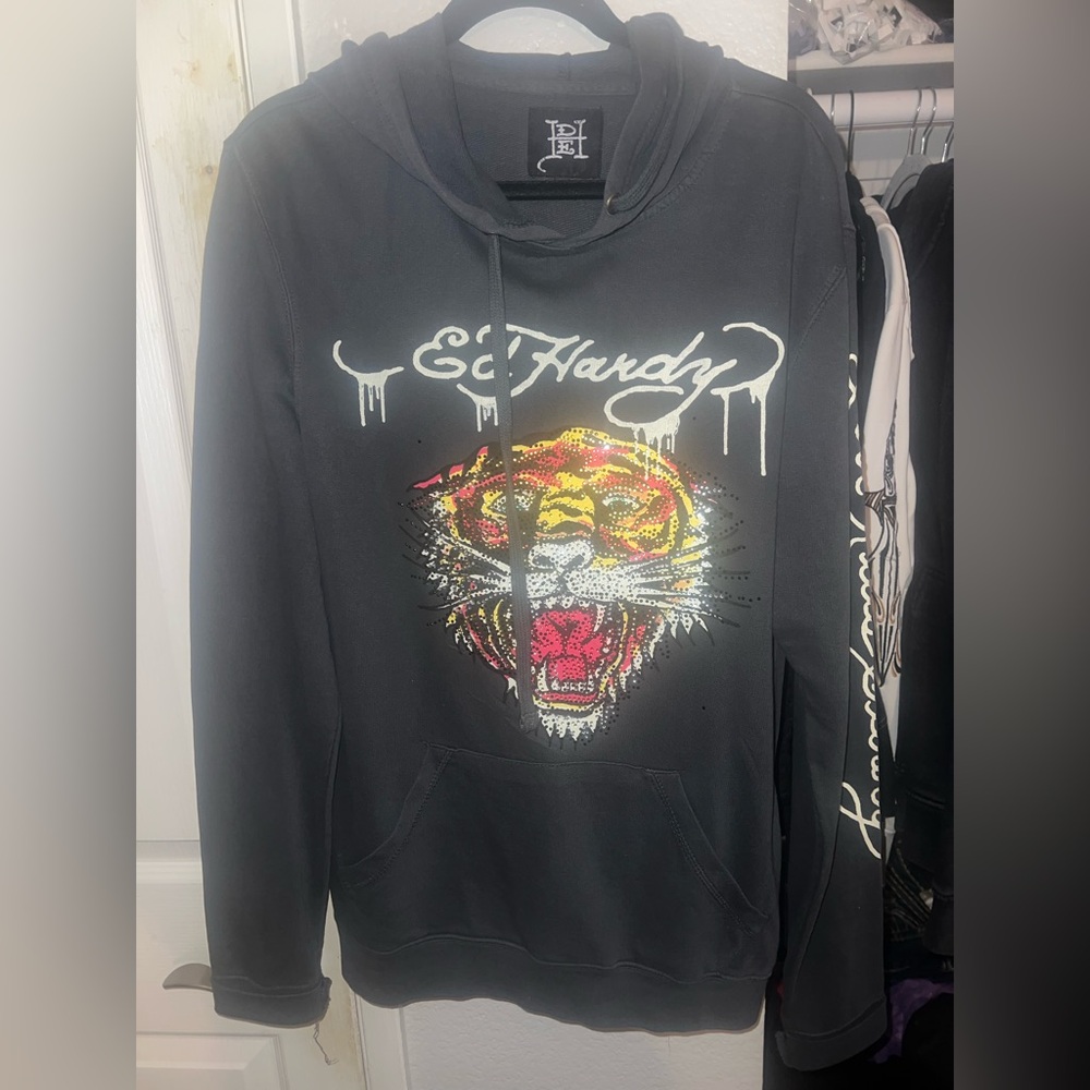 Grey Ed Hardy Tiger Rhinestone Hoodie Lightweight